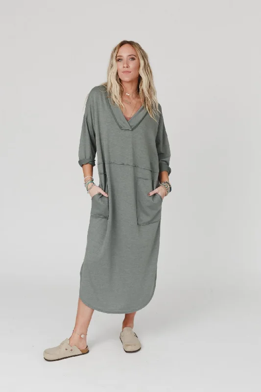 The Nest Meadow Long Sleeve Slit Maxi Dress - Light Olive