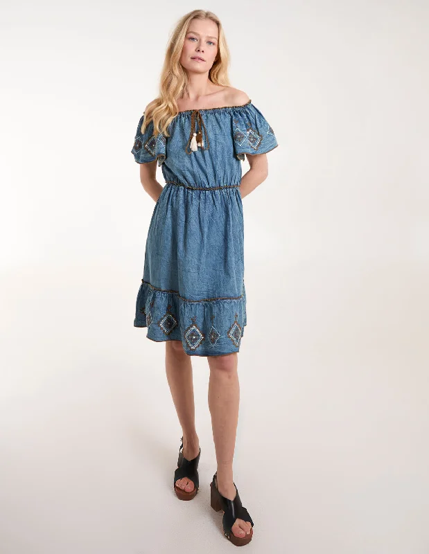 Denim Embroidered Tiered Dress