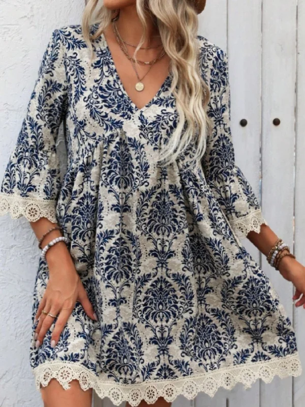 Blue Zone Planet |  Lace Detail Printed V-Neck Mini Dress