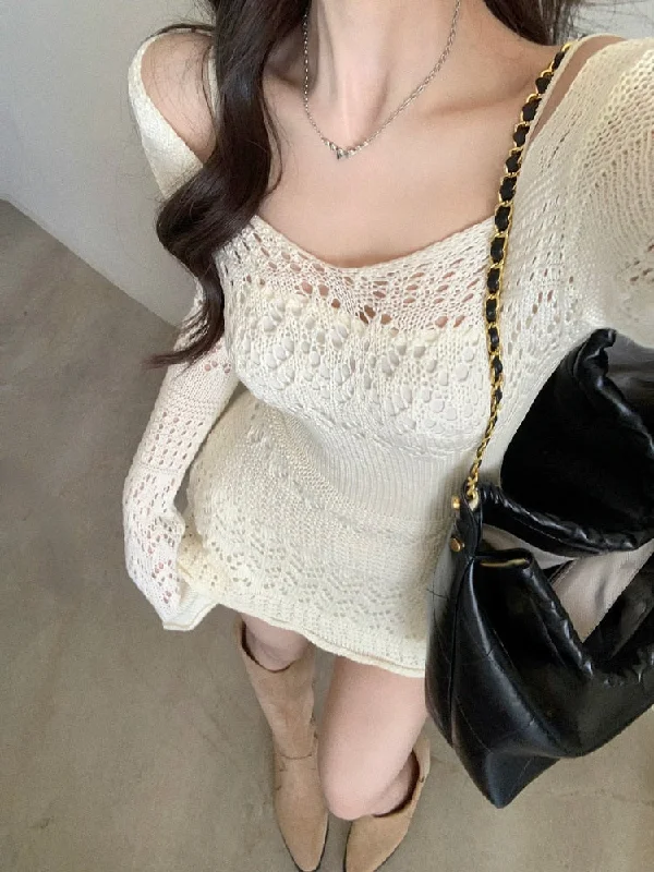 Zjkrl - Autumn Elegant Knitted Dress Women Long Sleeve Lace Short Party Dress Korea Fashion Slim Sexy Y2k Mini Dress Female Vintage