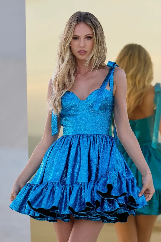 Sherri Hill 56507 Metallic Brocade Cocktail Dress with a Sweetheart Neckline, Bow Sleeves and Ruffle Hem