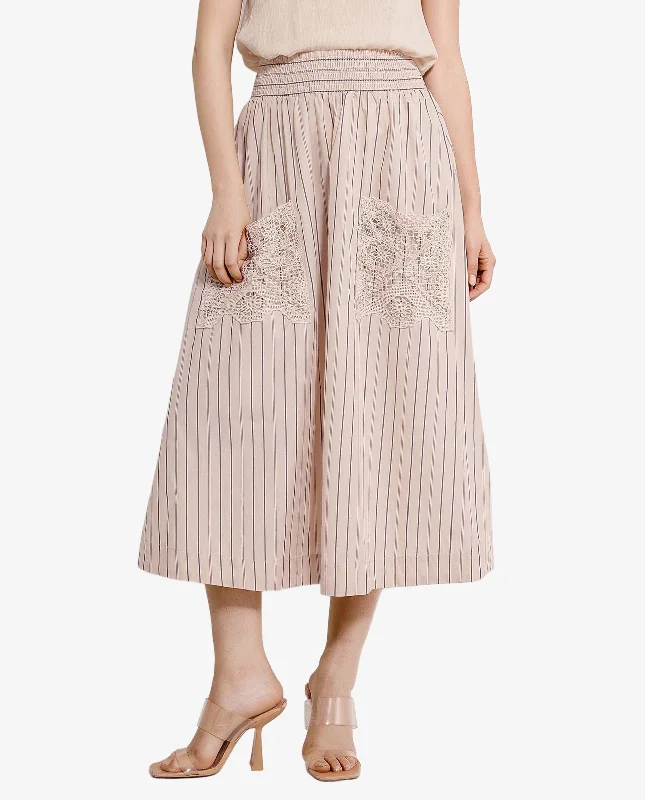 Rareism Women Cuba-B Light Beige Cotton Fabric Stripe Ankle Length Skirt