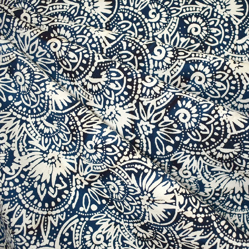 Layered Floral Medallions Batik Cotton Shirting Indigo/Vanilla