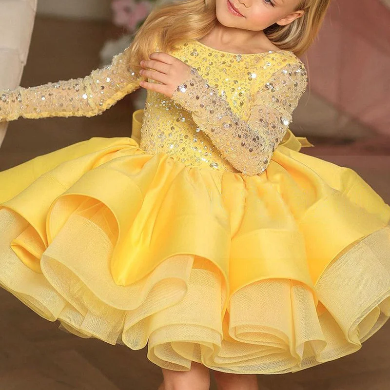 Baby Girl Bowknot Fluffy Sequin Long Sleeve Birthday Party Princess Dress