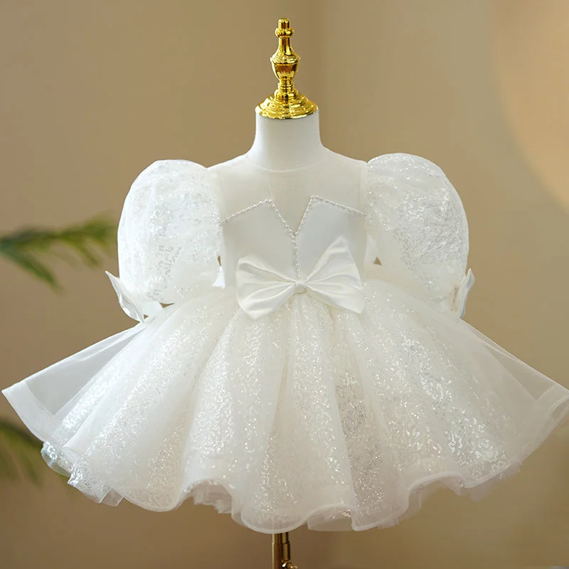 Baptism Dresses Baby Girl White Cute Bow Knot Sequin Birthday Party Dresses Toddler Ball Gowns