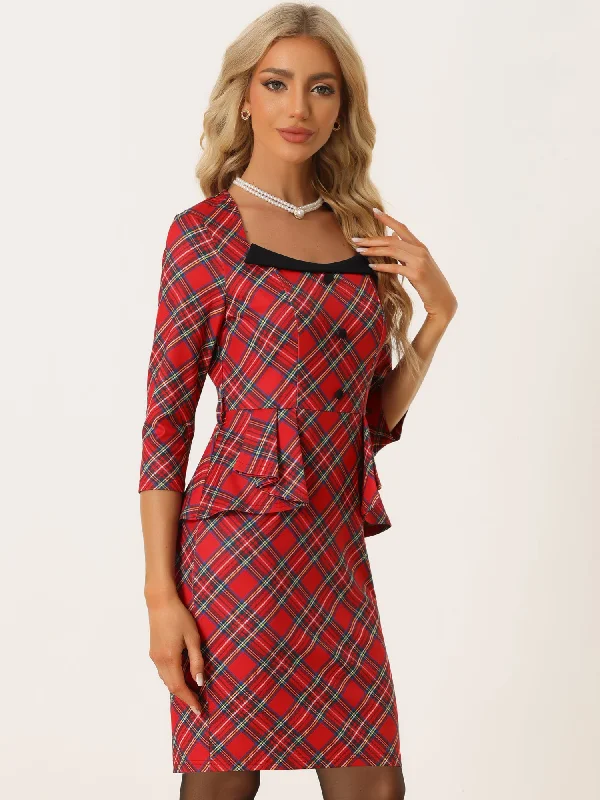 Plaid 3/4 Sleeve Belt Peplum Bodycon Pencil Sheath Dress